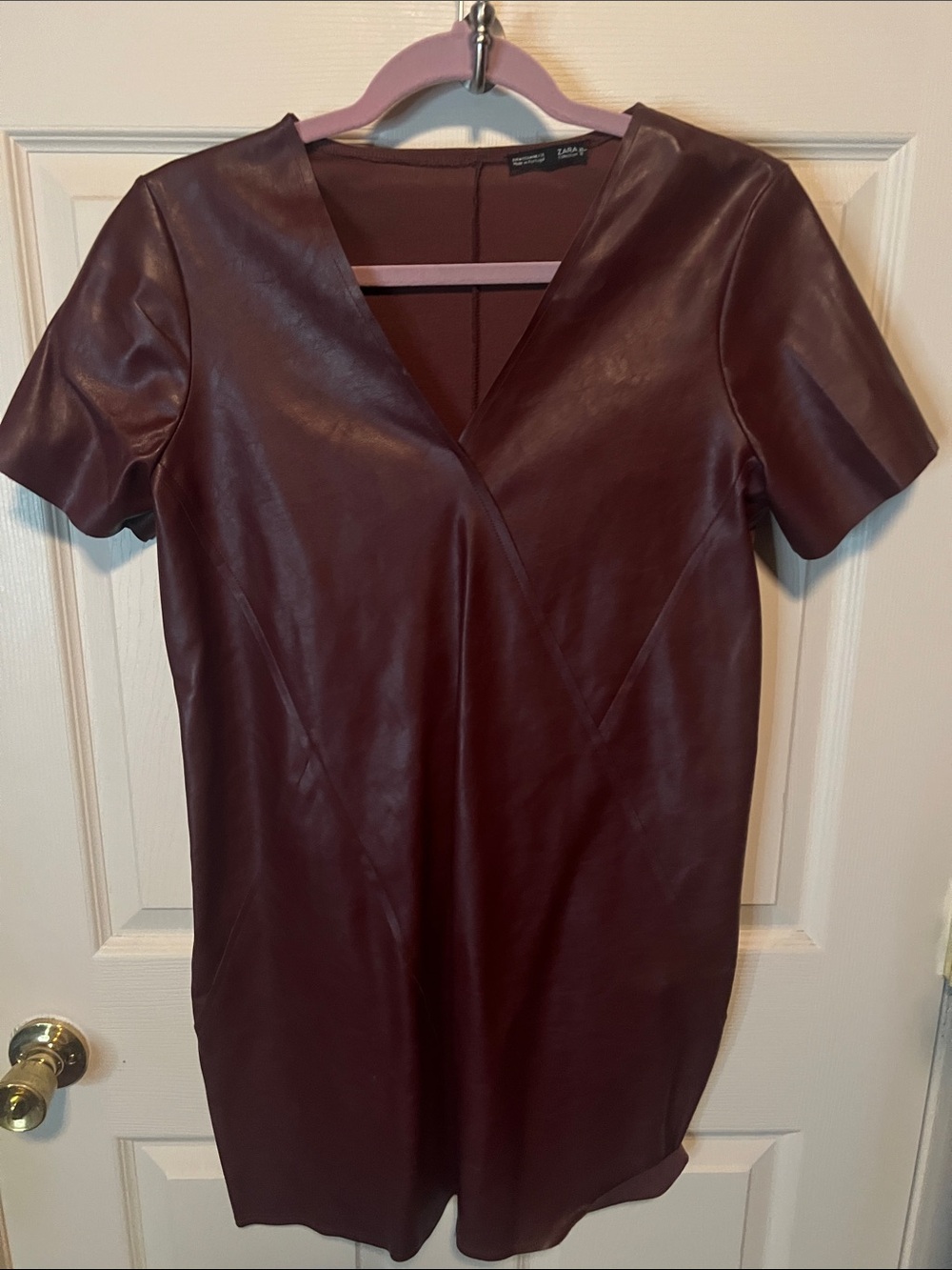 Zara Faux Leather Short Sleeve Dress - Burgundy